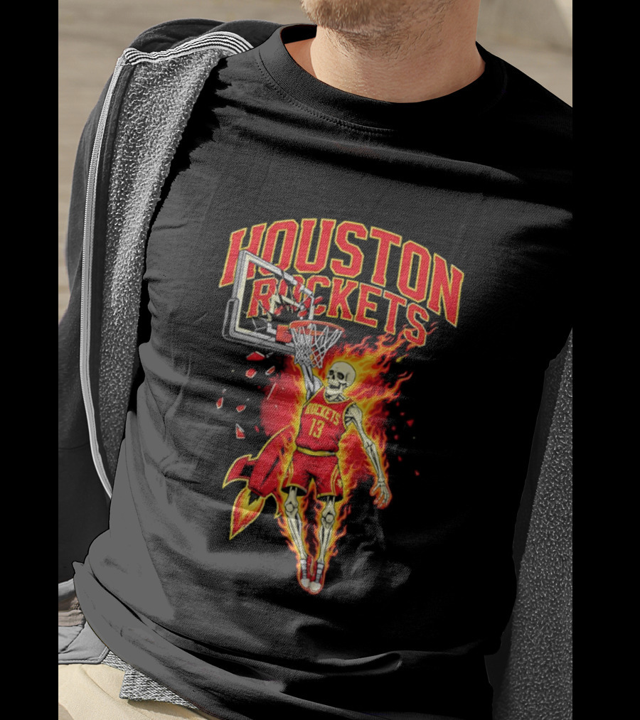 Houston Rockets Basketball Flaming Skeleton Player Dunking T-Shirt