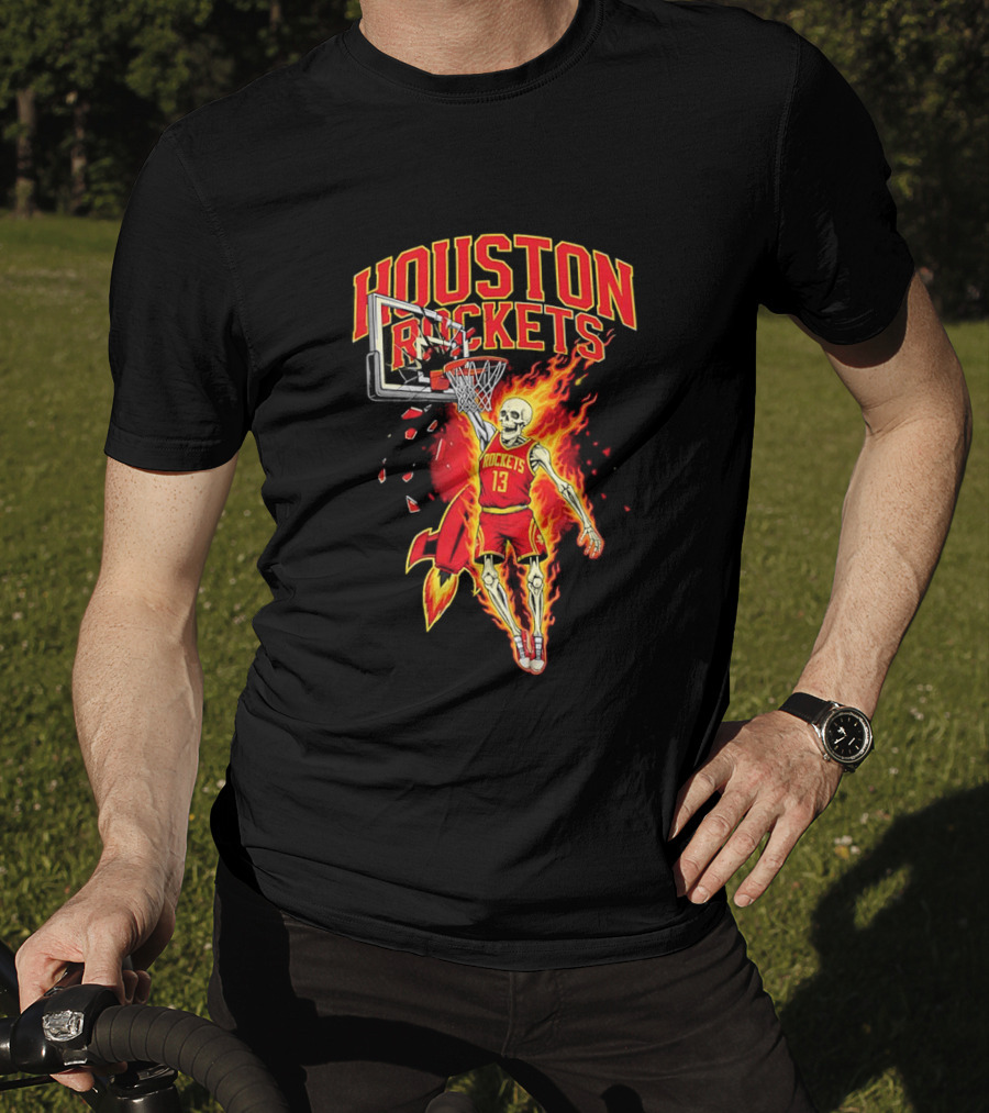 Houston Rockets Basketball Flaming Skeleton Player Dunking T-Shirt