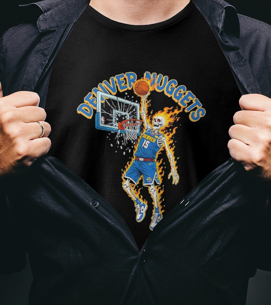 Denver Nuggets Skeleton Player Dunking With Basketball And Fire T-Shirt