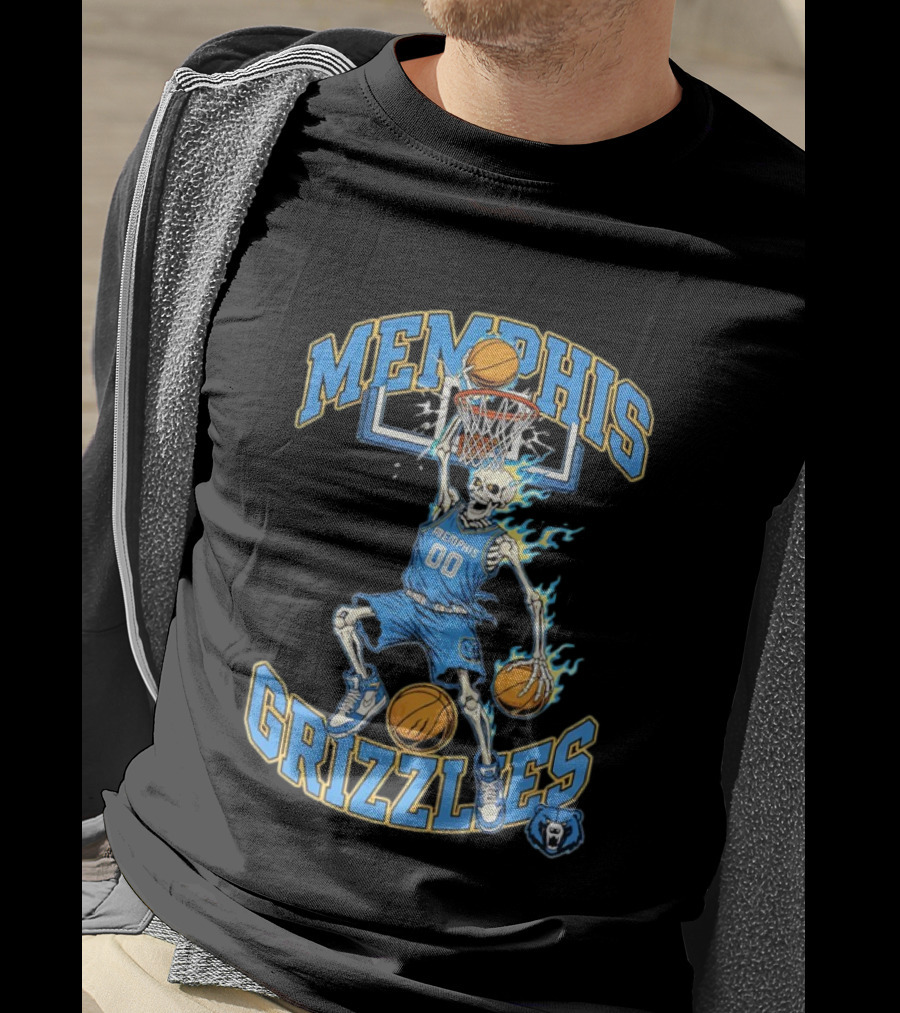 Memphis Grizzlies Basketball Skeleton Player Slam Dunking With Flames T-Shirt