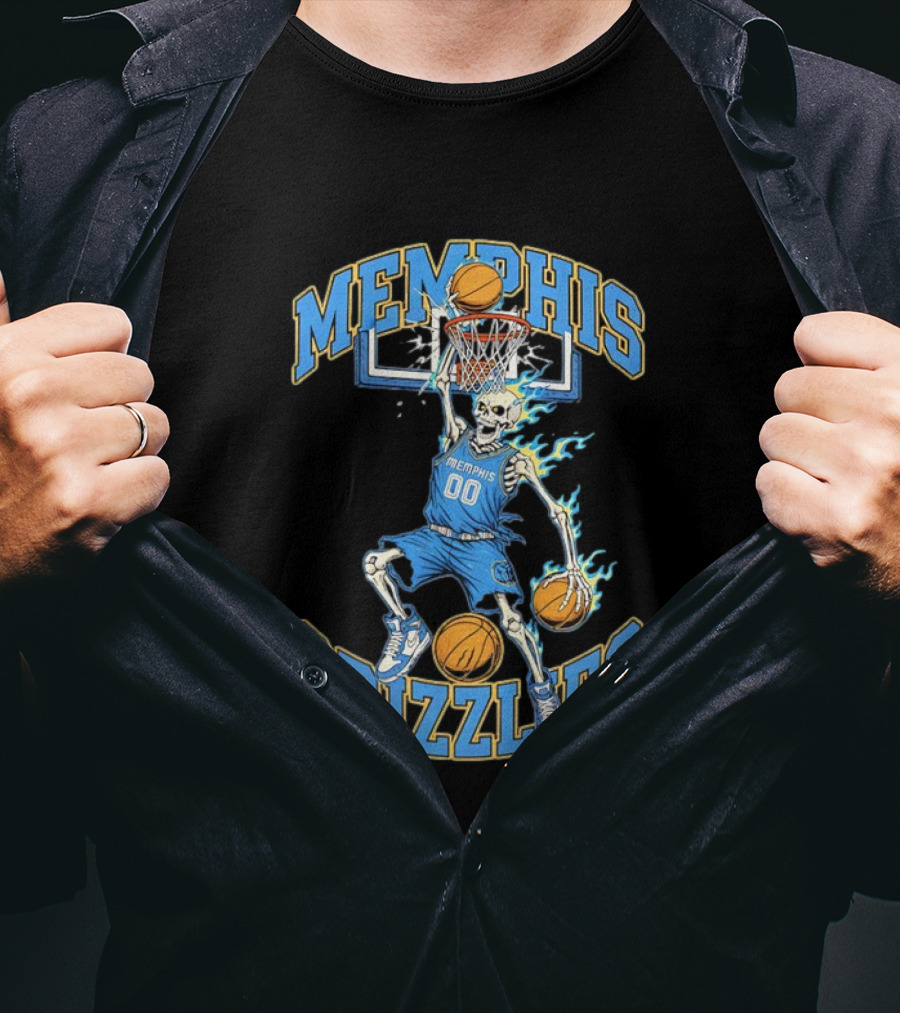 Memphis Grizzlies Basketball Skeleton Player Slam Dunking With Flames T-Shirt