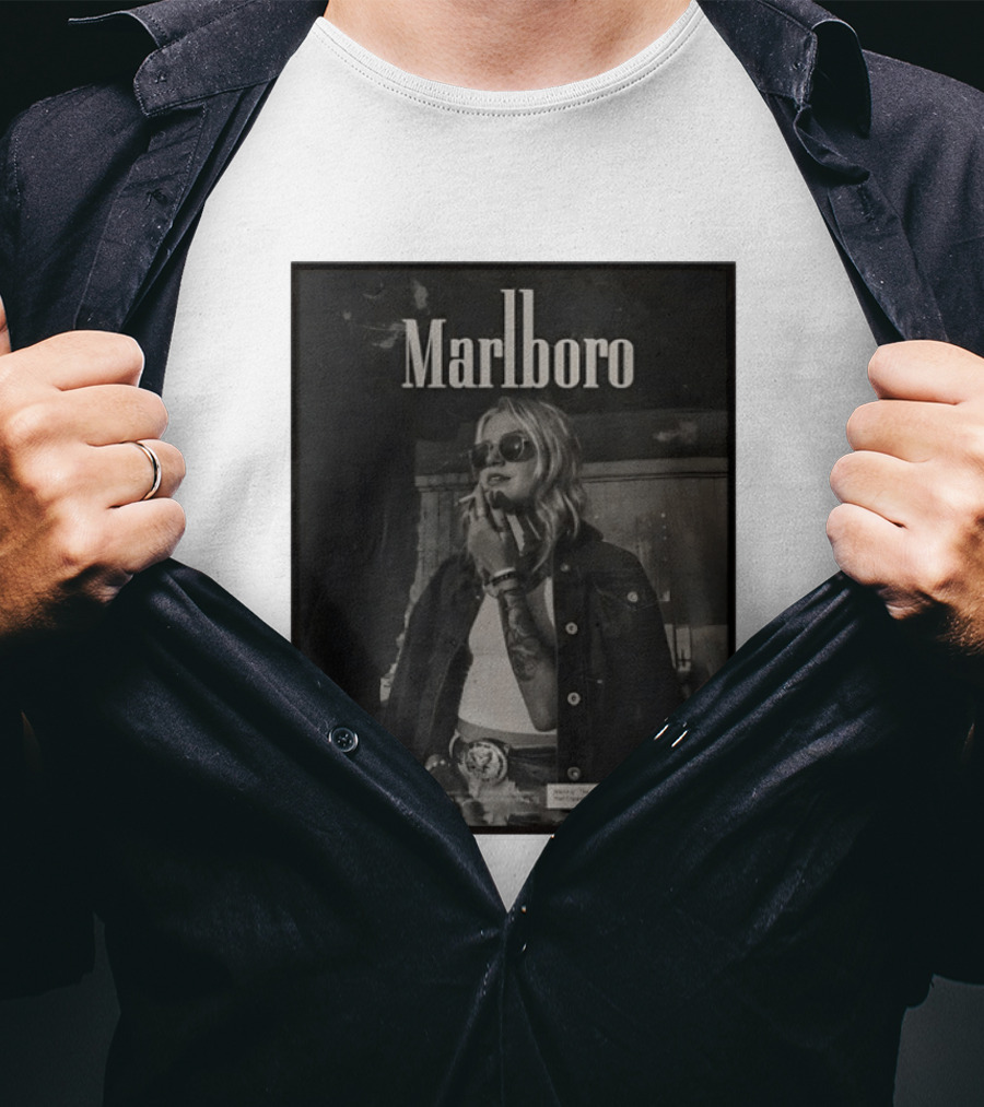 Marlboro Woman Smoking Retro Style Sunglasses Denim Jacket T-Shirt