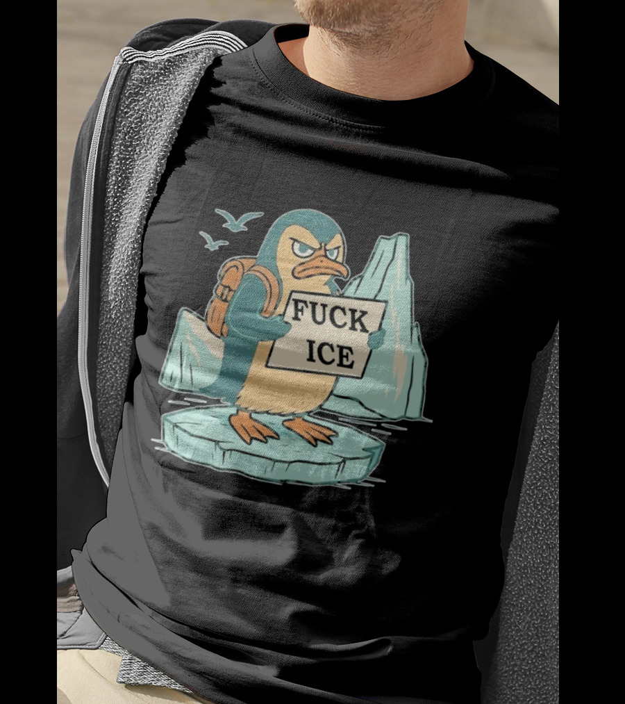 Angry Penguin Holding Sign On Iceberg With Birds In Background T-Shirt