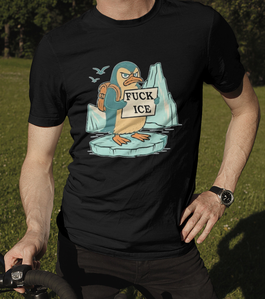 Angry Penguin Holding Sign On Iceberg With Birds In Background T-Shirt