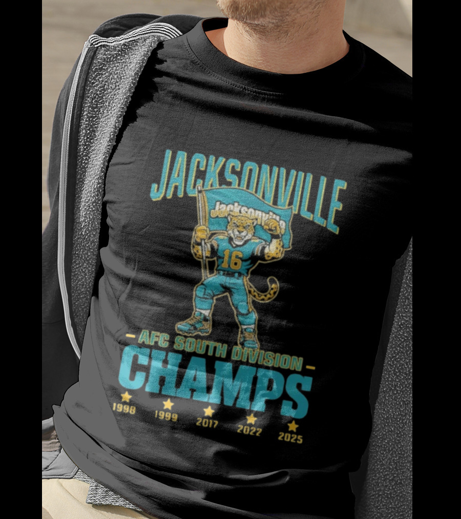Jacksonville Jaguars Mascot 16 Holding Flag AFC South Division Champs 1998 1999 2017 2022 2023 T-Shirt