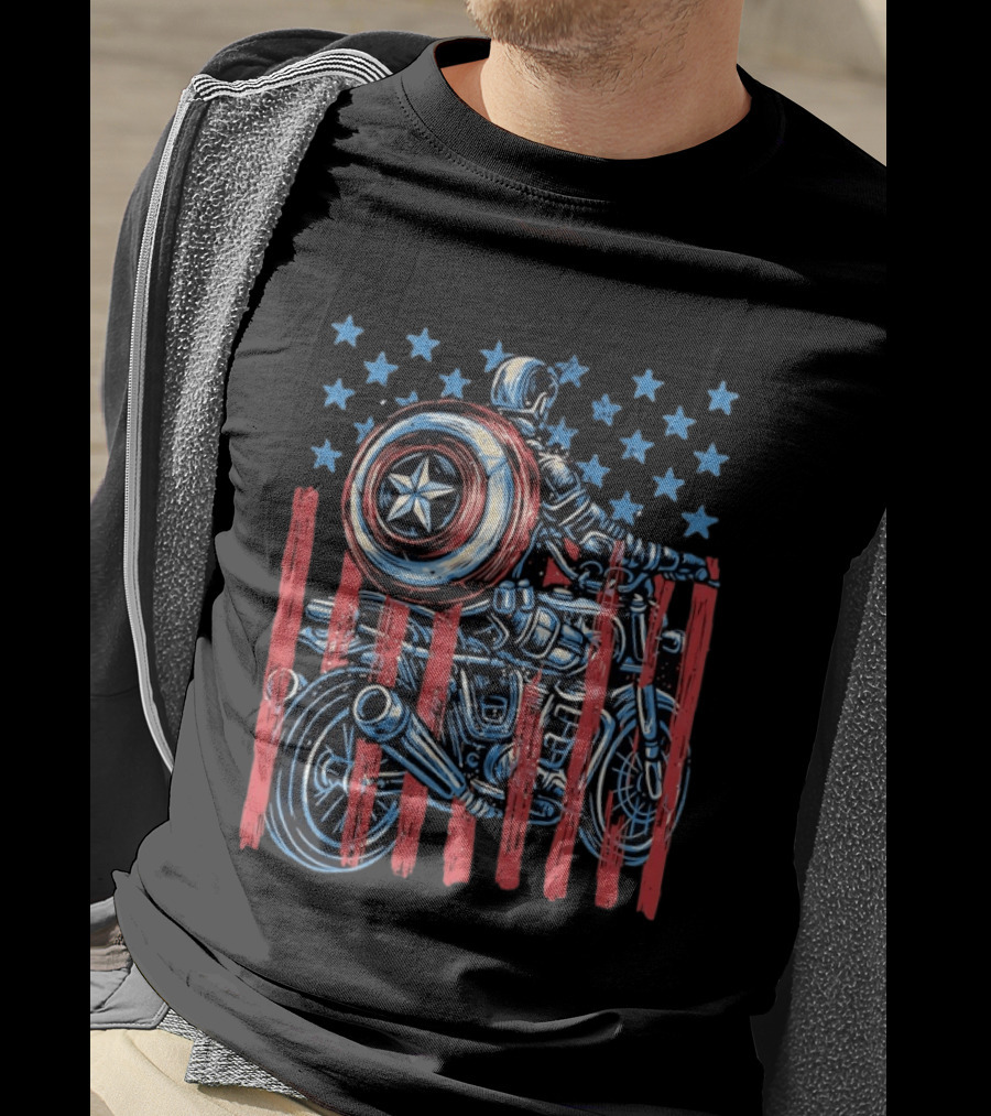 Captain America Motorcycle Ride With Shield And American Flag Stars And Stripes T-Shirt