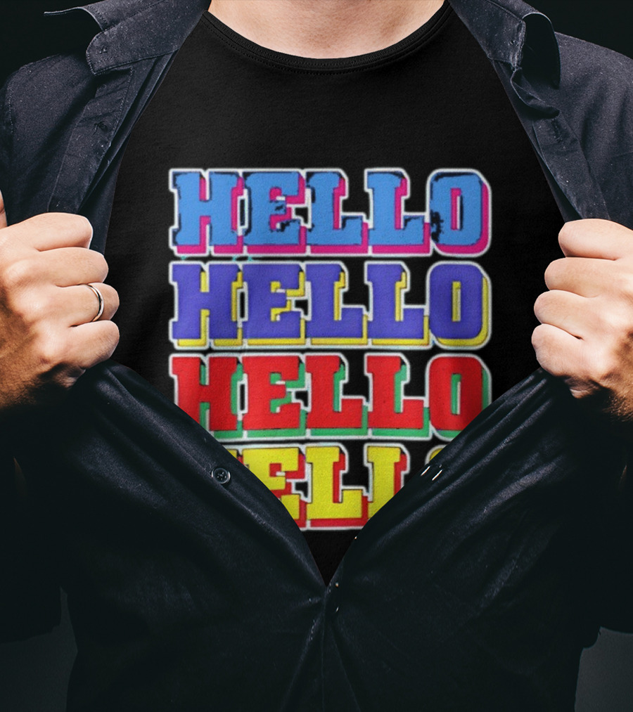 Hello Hello Hello Hello Blue Red Yellow Repeat Bold Pop T-Shirt