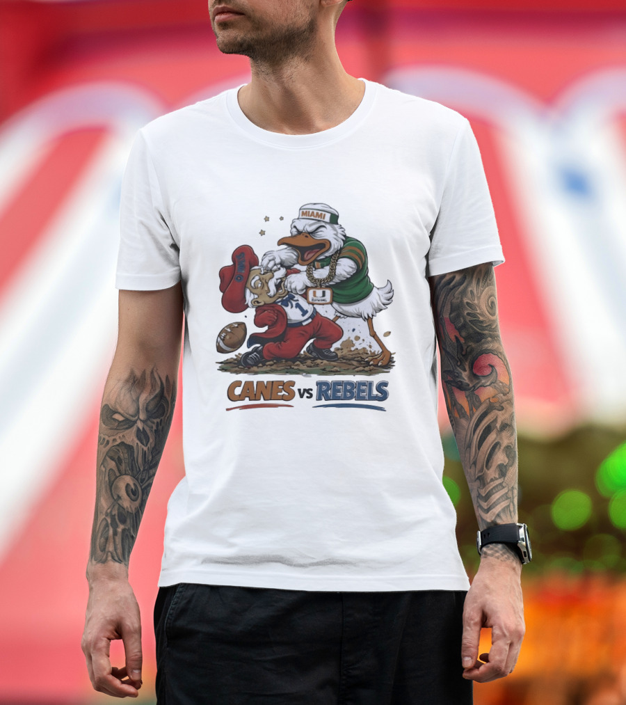Miami Hurricanes Vs Ole Miss Rebels Mascot Showdown CFP Semifinal Vrbo Fiesta Bowl 2026 T-Shirt