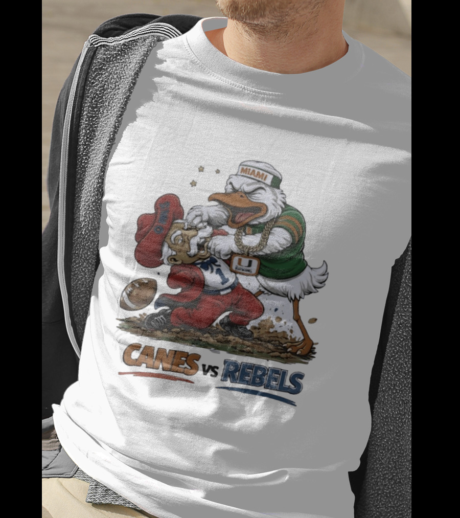 Miami Hurricanes Vs Ole Miss Rebels Mascot Showdown CFP Semifinal Vrbo Fiesta Bowl 2026 T-Shirt