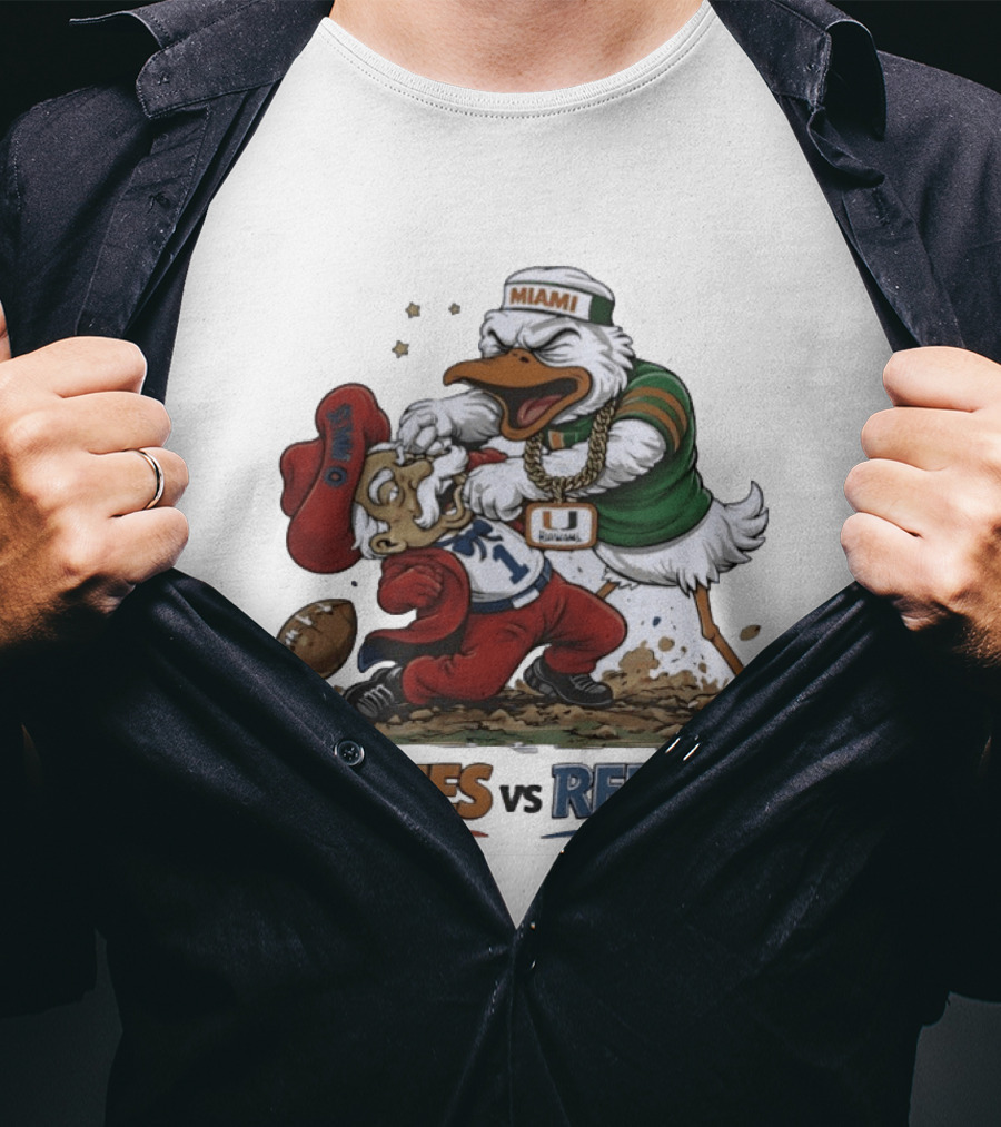 Miami Hurricanes Vs Ole Miss Rebels Mascot Showdown CFP Semifinal Vrbo Fiesta Bowl 2026 T-Shirt