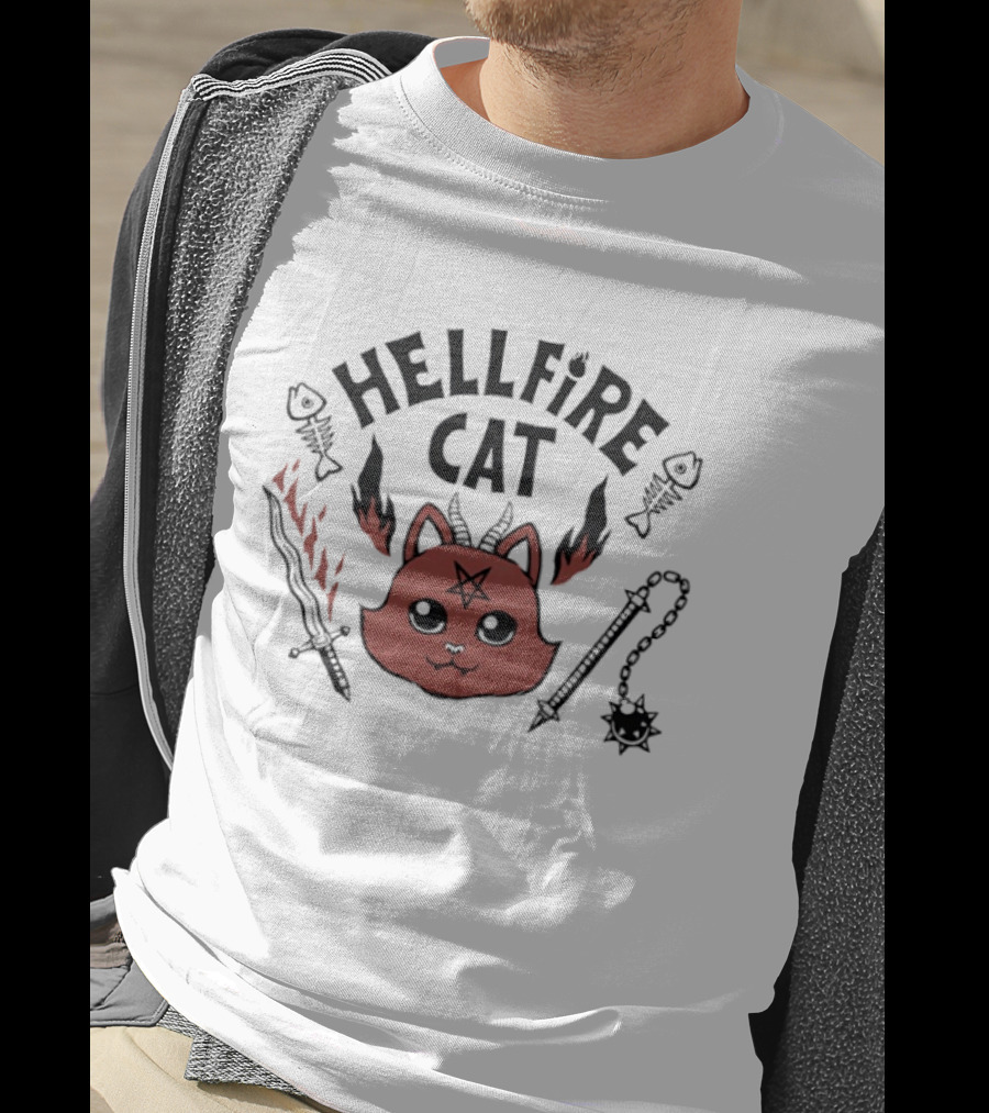 Hellfire Cat Satanicat Joke Club Funny Pentagram Cat With Flaming Sword And Fish Bones T-Shirt