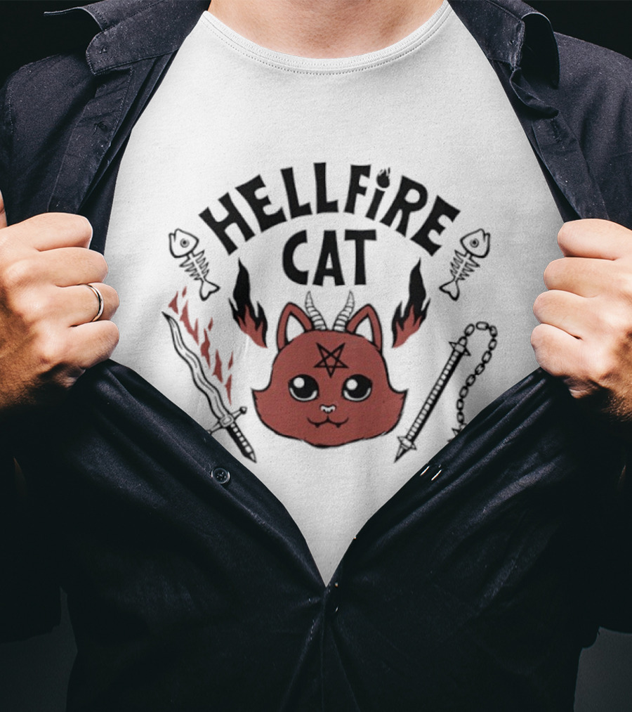 Hellfire Cat Satanicat Joke Club Funny Pentagram Cat With Flaming Sword And Fish Bones T-Shirt