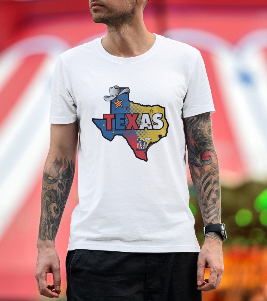 Texas Map Cowboy Hat Star Oil Rig T-Shirt