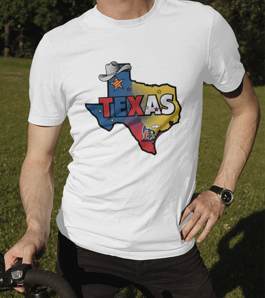Texas Map Cowboy Hat Star Oil Rig T-Shirt