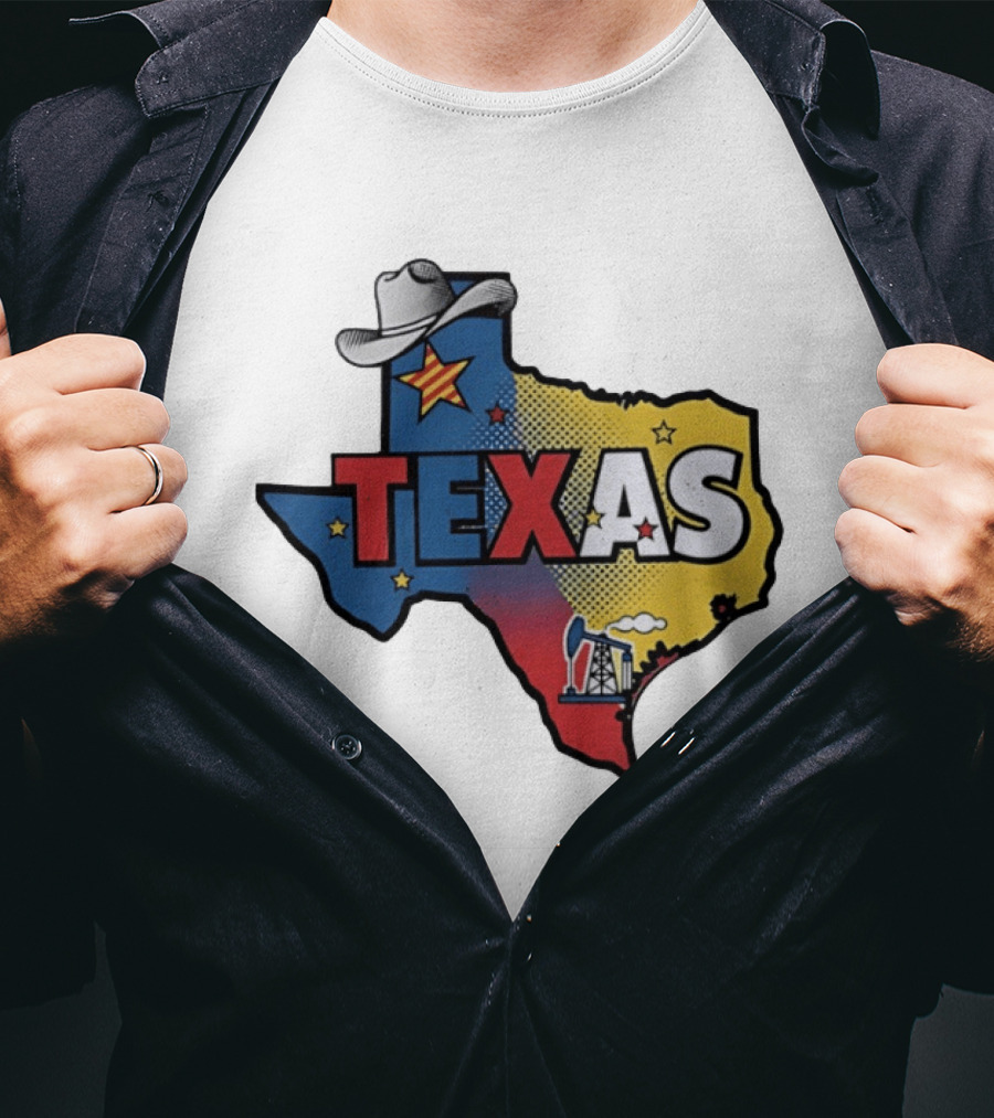 Texas Map Cowboy Hat Star Oil Rig T-Shirt