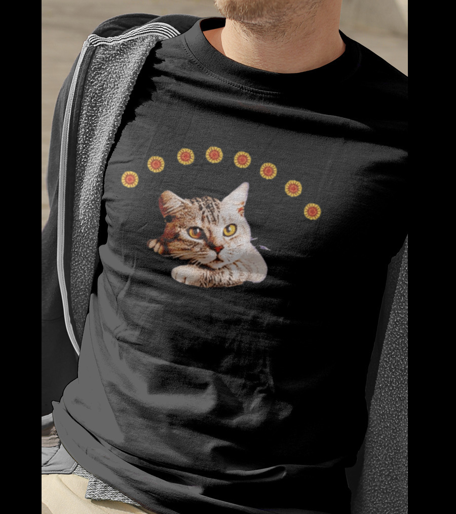 Sunflower Cat Whimsical Feline Surrounded By Flowers T-Shirt