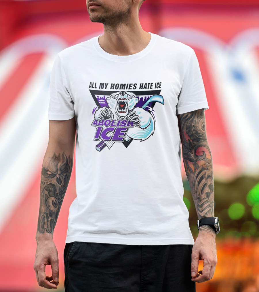 Abolish Ice All My Homies Hate Ice Polar Bear Hockey Rink Indianapolis Skyline T-Shirt