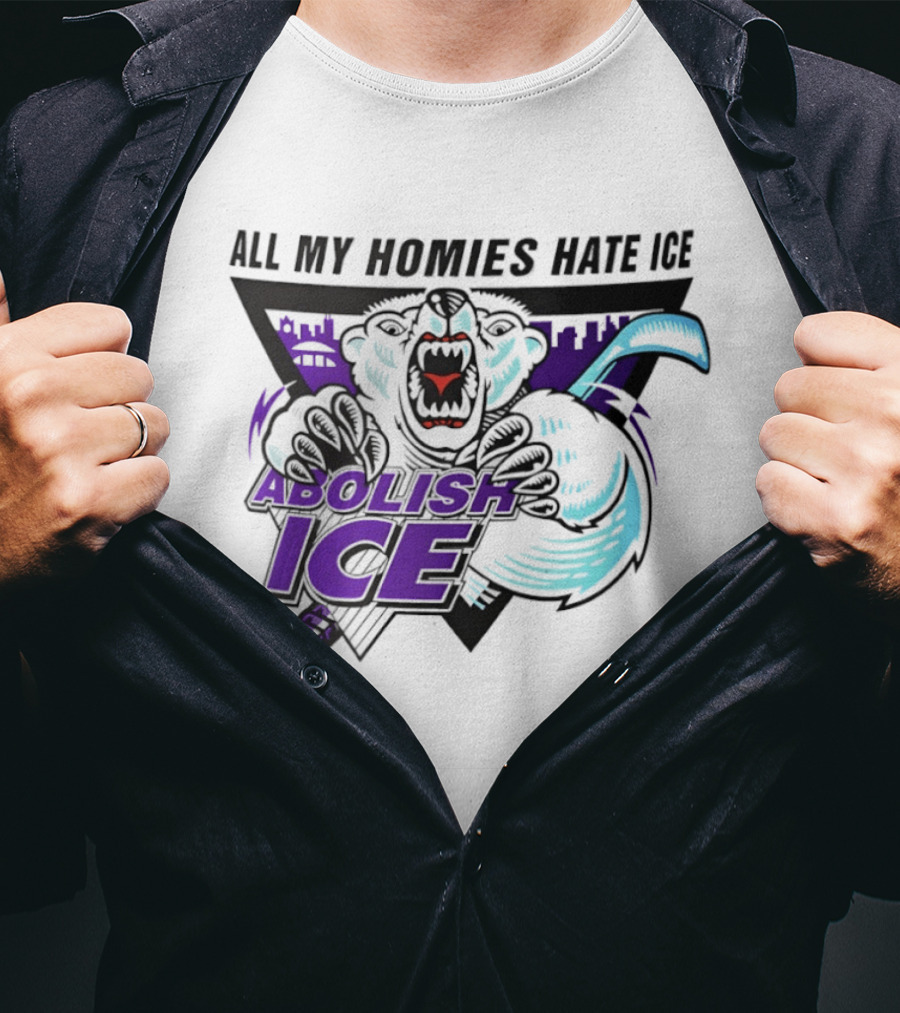 Abolish Ice All My Homies Hate Ice Polar Bear Hockey Rink Indianapolis Skyline T-Shirt