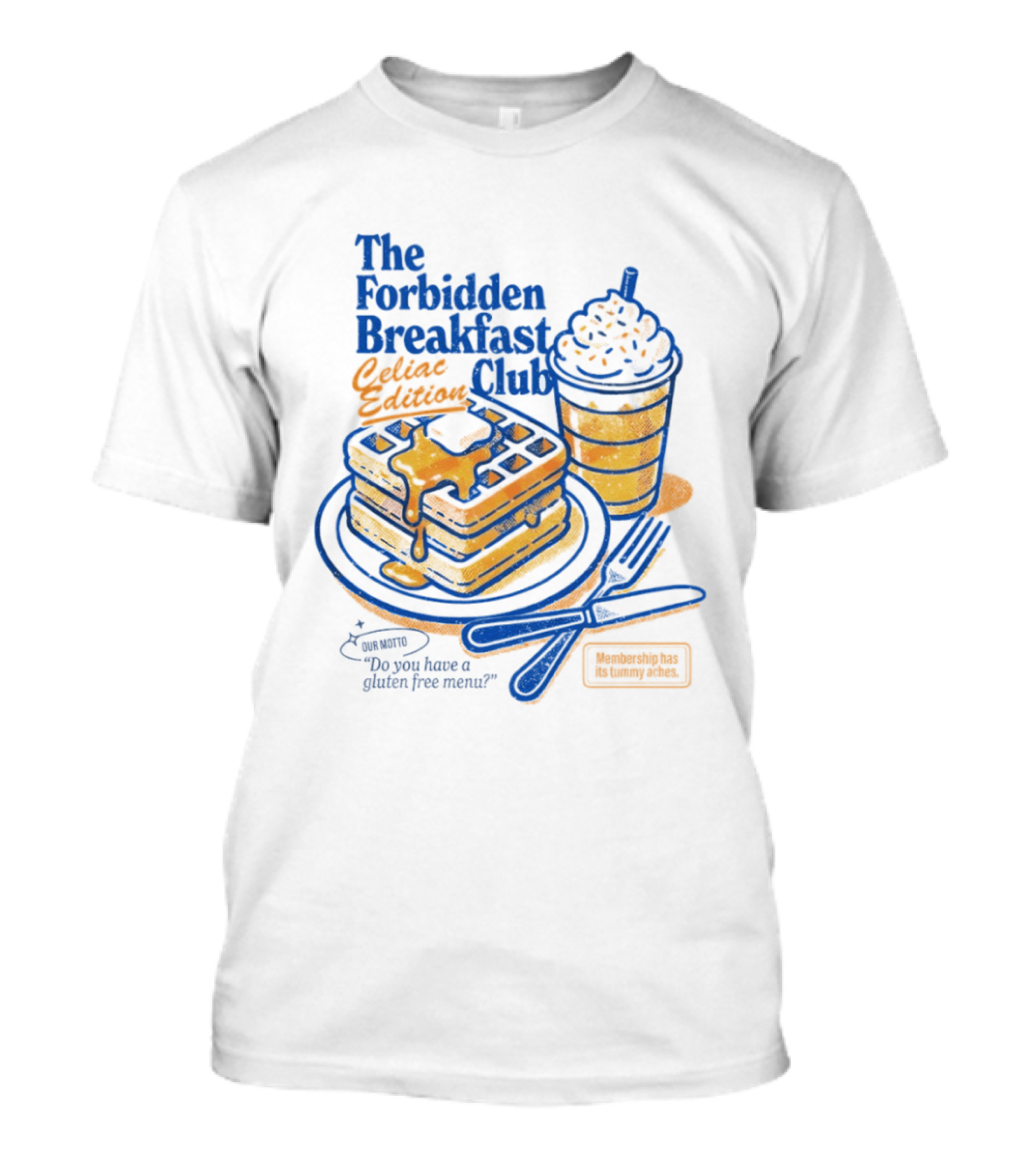 The Forbidden Breakfast Club Celiat Edition Gluten Free Menu Retro Pancakes And Drink T-Shirt