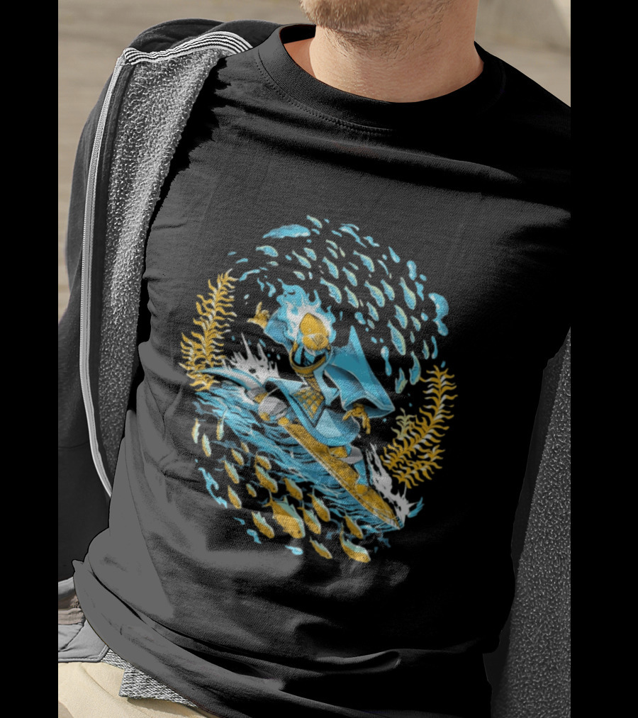 Sword Of The Sea Life Beneath The Waves Golden Samurai Surfer Wave Motion T-Shirt