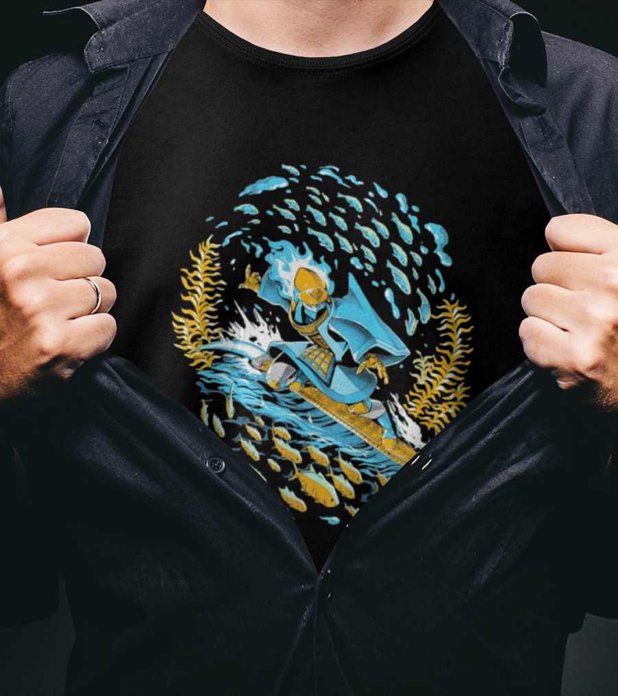 Sword Of The Sea Life Beneath The Waves Golden Samurai Surfer Wave Motion T-Shirt
