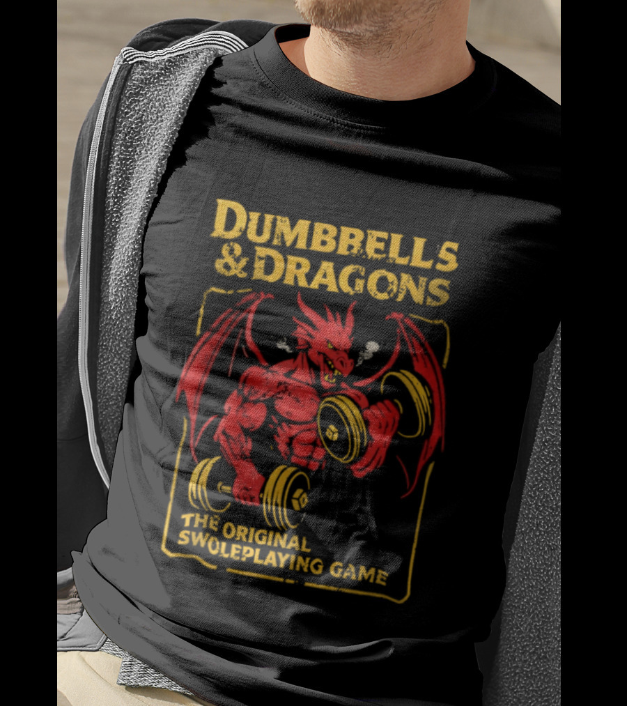 Dumbbells And Dragons The Original Swoleplaying Game Red Dragon Lifting Weights T-Shirt
