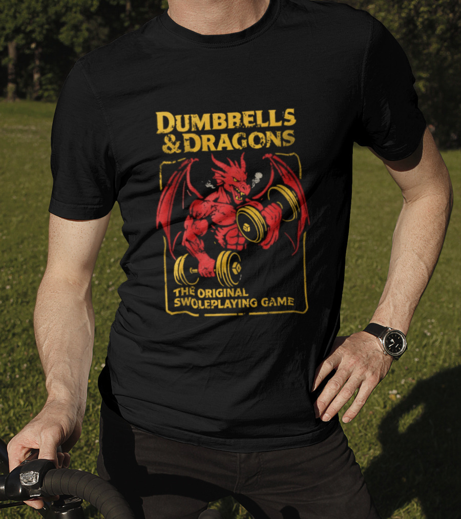 Dumbbells And Dragons The Original Swoleplaying Game Red Dragon Lifting Weights T-Shirt