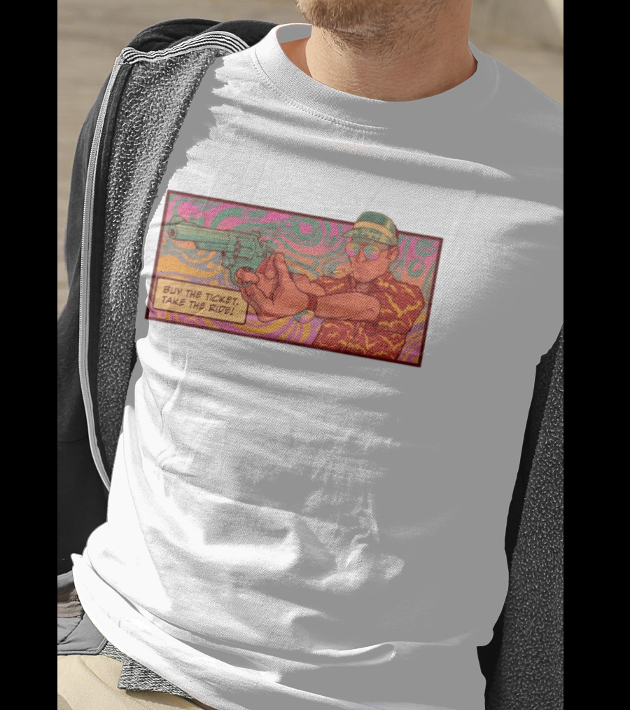 Raoul Duke Buy The Ticket Take The Ride Psychedelic Art Gun And Sunglasses Scene T-Shirt