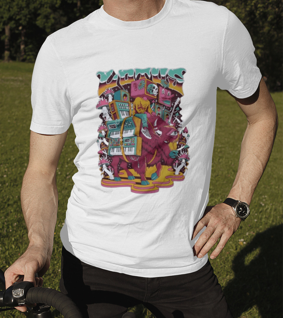 Skeleton Riding Bison Lotus Band Colorado Tour 2026 Psychedelic Instrument Adventure T-Shirt