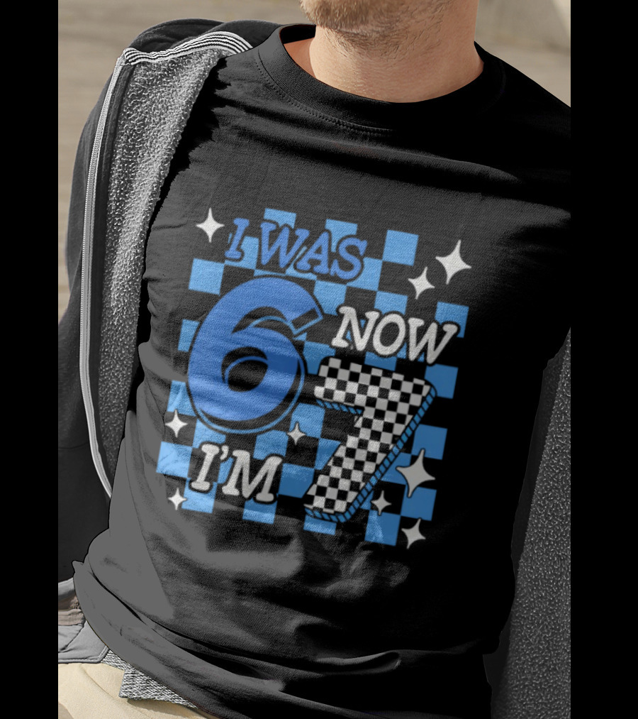 Blue Checkered I Was 6 Now I'm 7 Birthday Boy T-Shirt