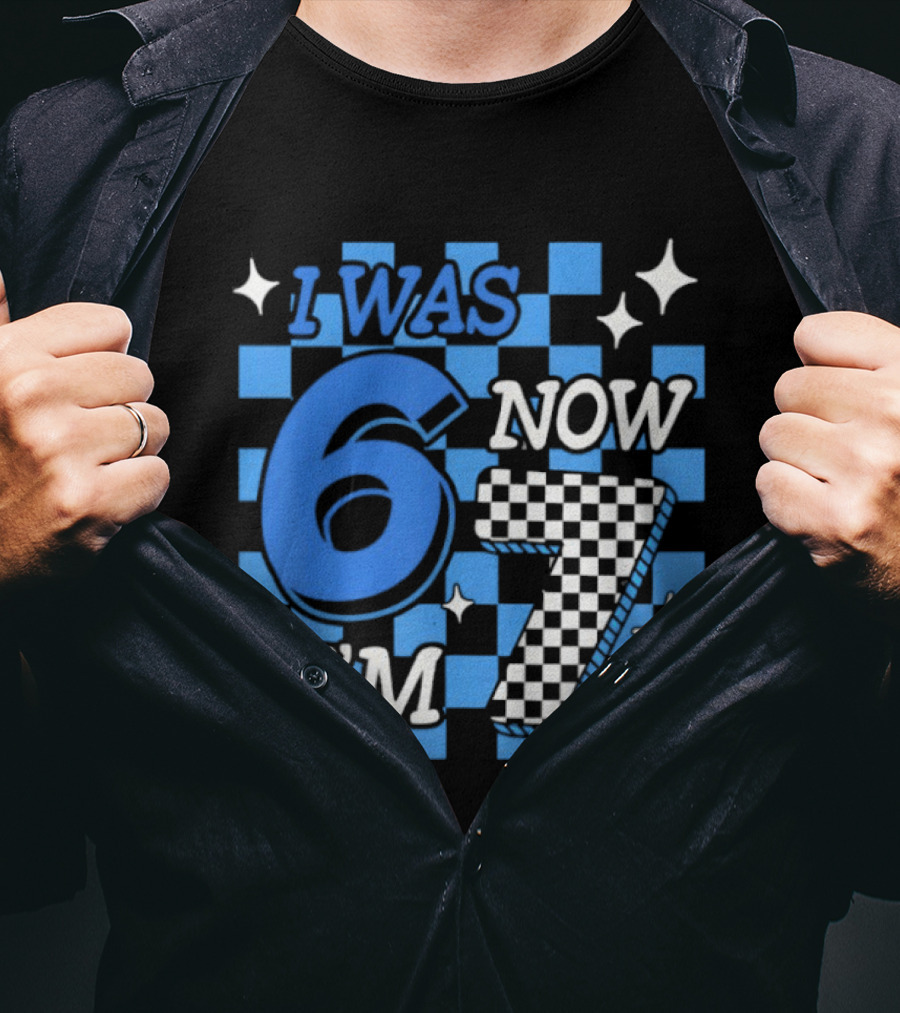 Blue Checkered I Was 6 Now I'm 7 Birthday Boy T-Shirt
