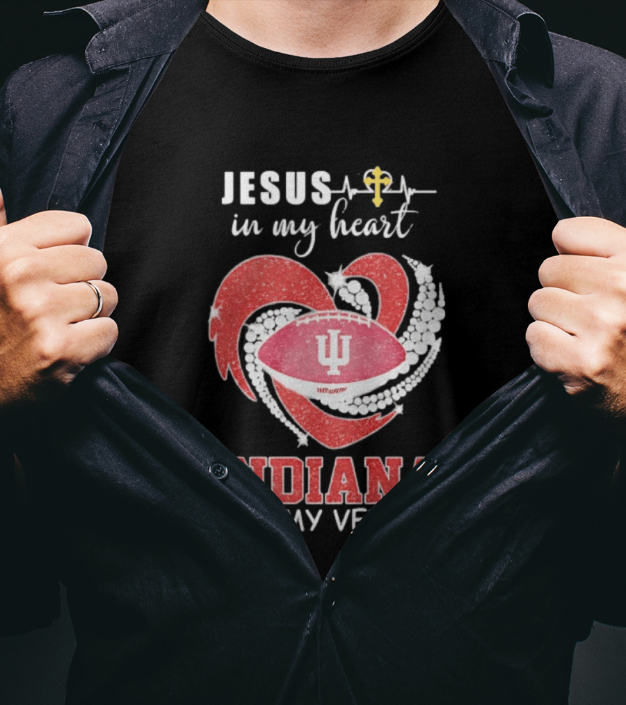 Jesus In My Heart Indiana In My Veins IU Football Heartbeat Cross T-Shirt