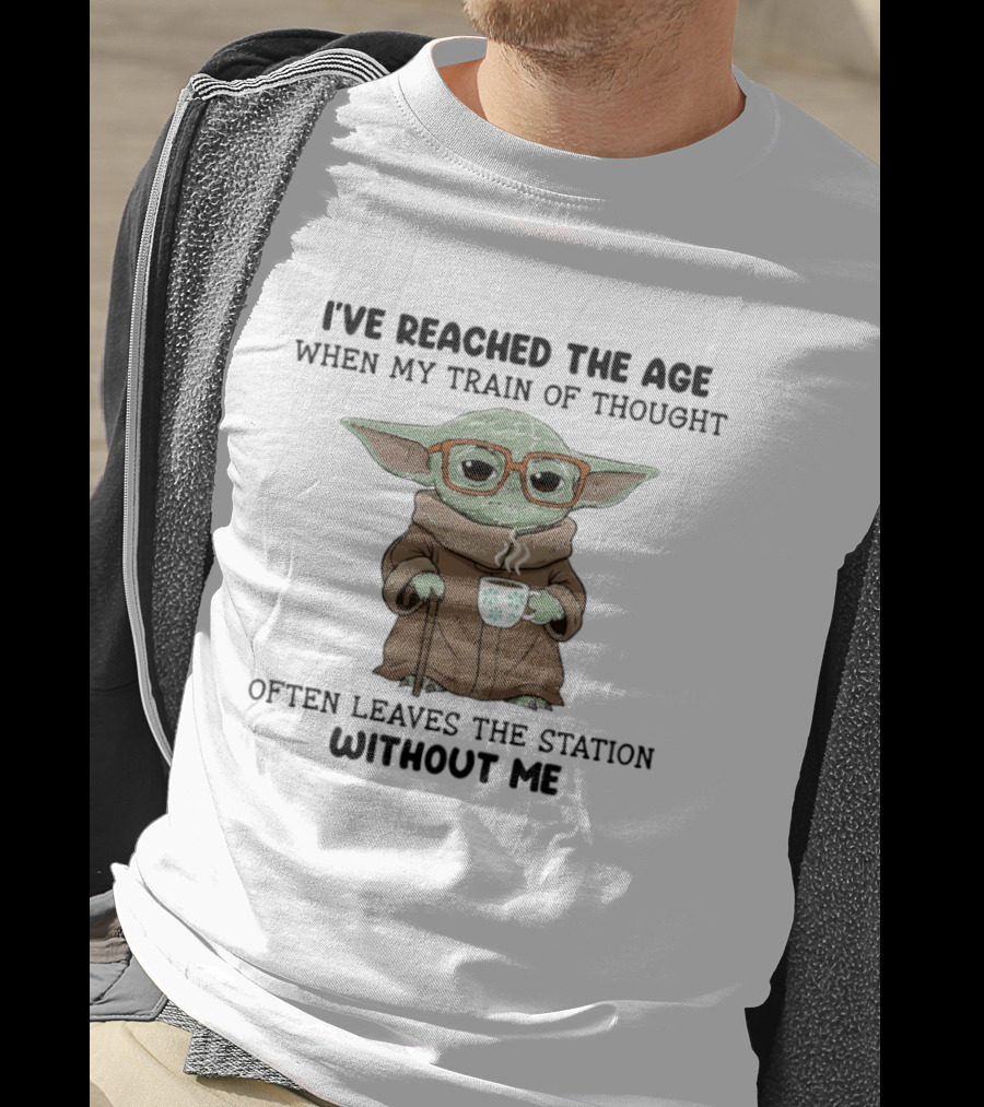 Baby Yoda Train Of Thought Humor With Coffee And Glasses T-Shirt