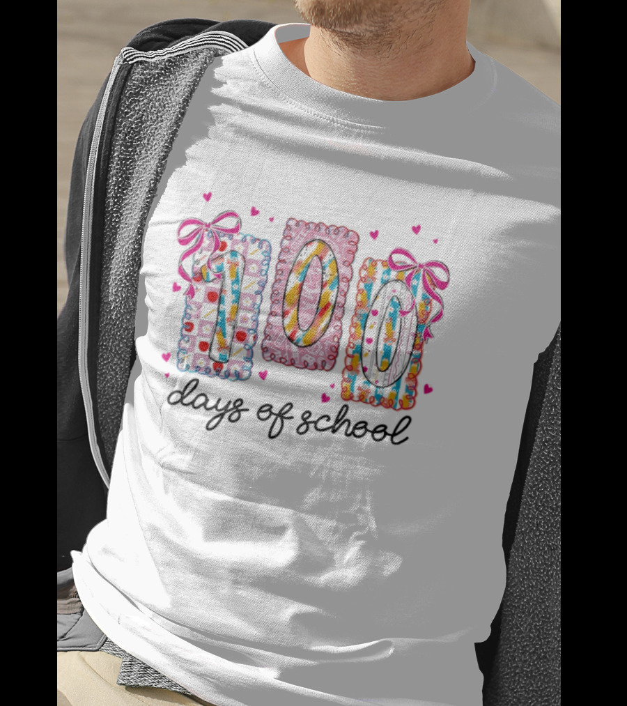 Colorful 100 Days Of School Celebration With Hearts And Bows T-Shirt