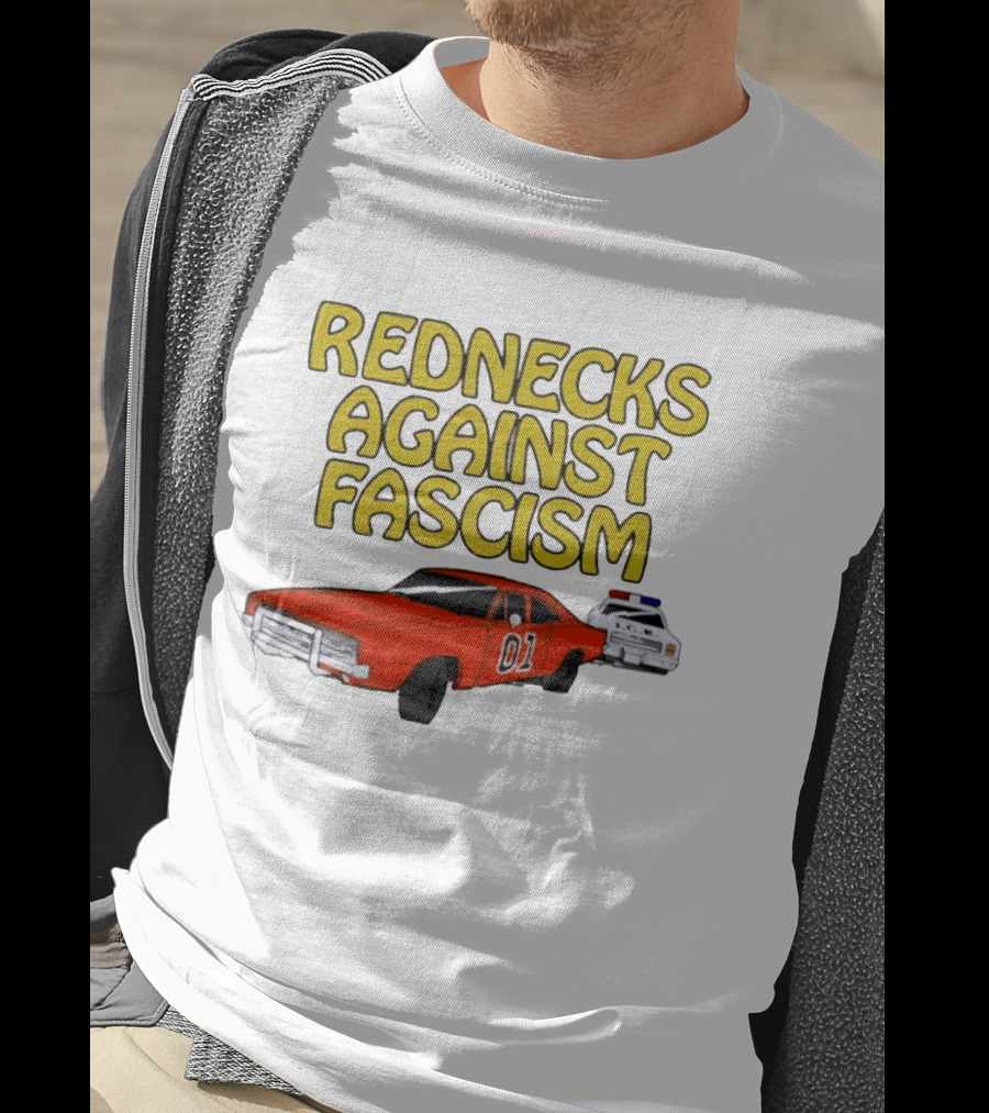 Rednecks Against Fascism Car Cartoon With 01 And Police Chase Scene T-Shirt