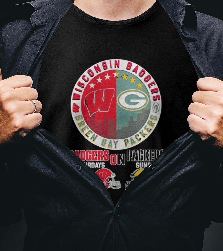 Wisconsin Badgers Green Bay Packers Saturdays Sundays Helmet Mashup T-Shirt