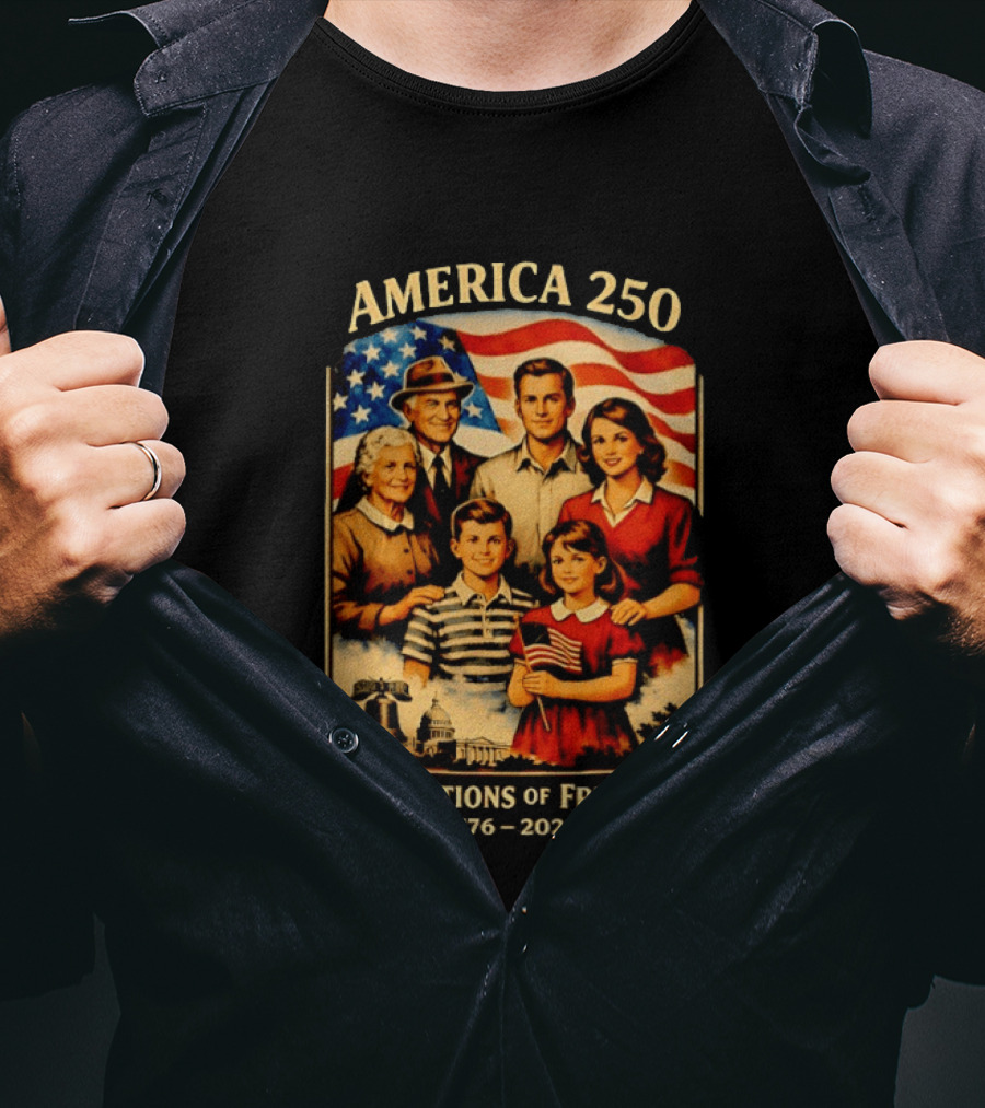 America 250 Generations Of Freedom 1776 2026 Vintage Family With Flag T-Shirt