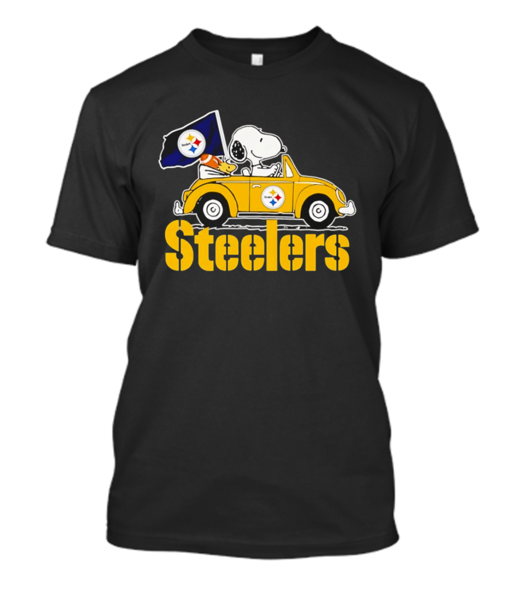 Pittsburgh Steelers Snoopy Woodstock Driving Yellow Car T-Shirt
