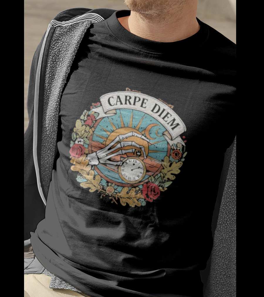 Carpe Diem Memento Mori Skeleton Art Roses Sun Moon T-Shirt