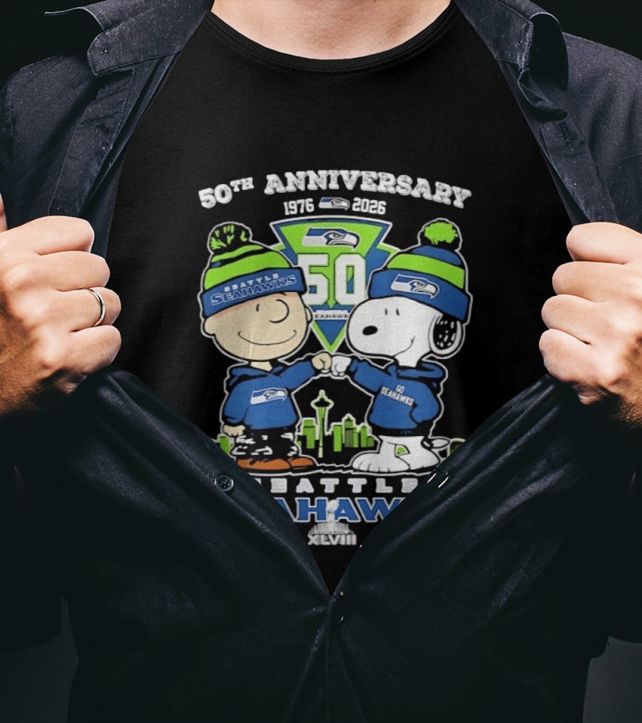 Charlie Brown Snoopy Fist Bump Seattle Seahawks 50th Anniversary Skyline 1976 2026 T-Shirt