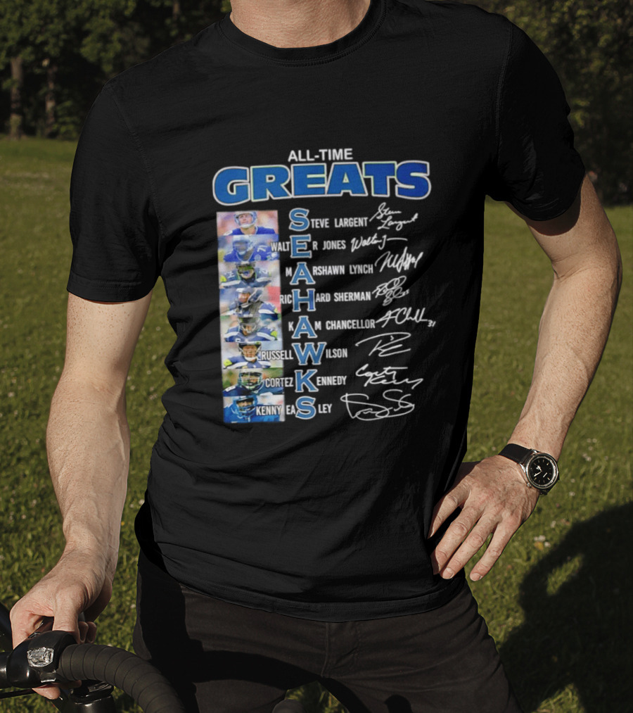 All Time Greats Seattle Seahawks Steve Largent Walter Jones Russell Wilson Legion Of Boom T-Shirt