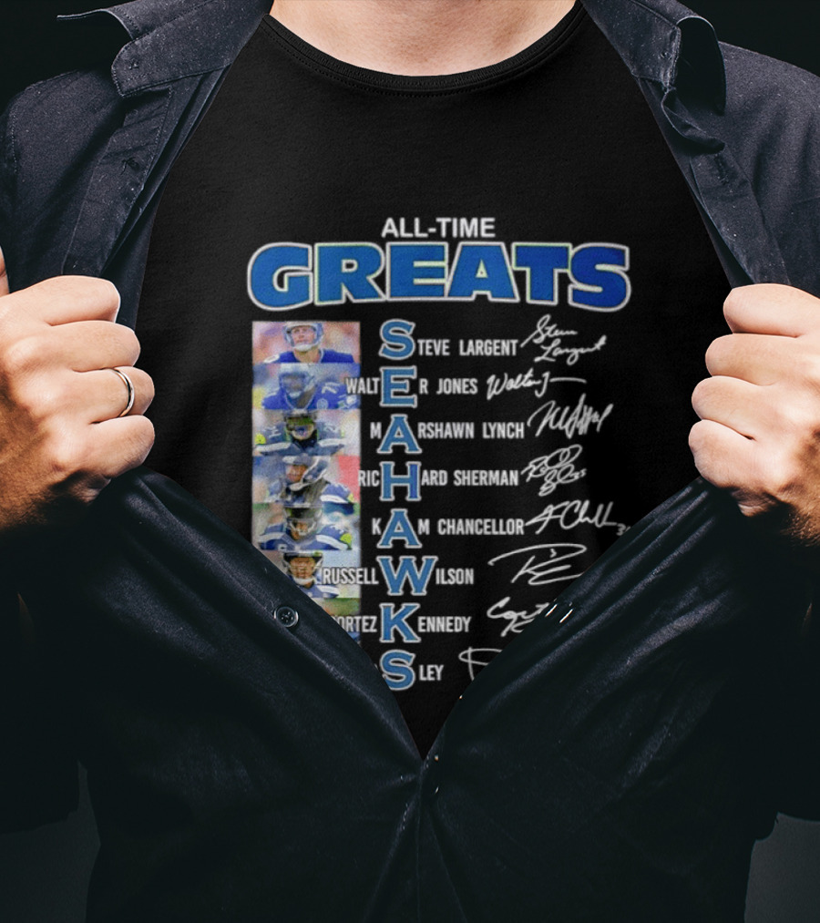 All Time Greats Seattle Seahawks Steve Largent Walter Jones Russell Wilson Legion Of Boom T-Shirt
