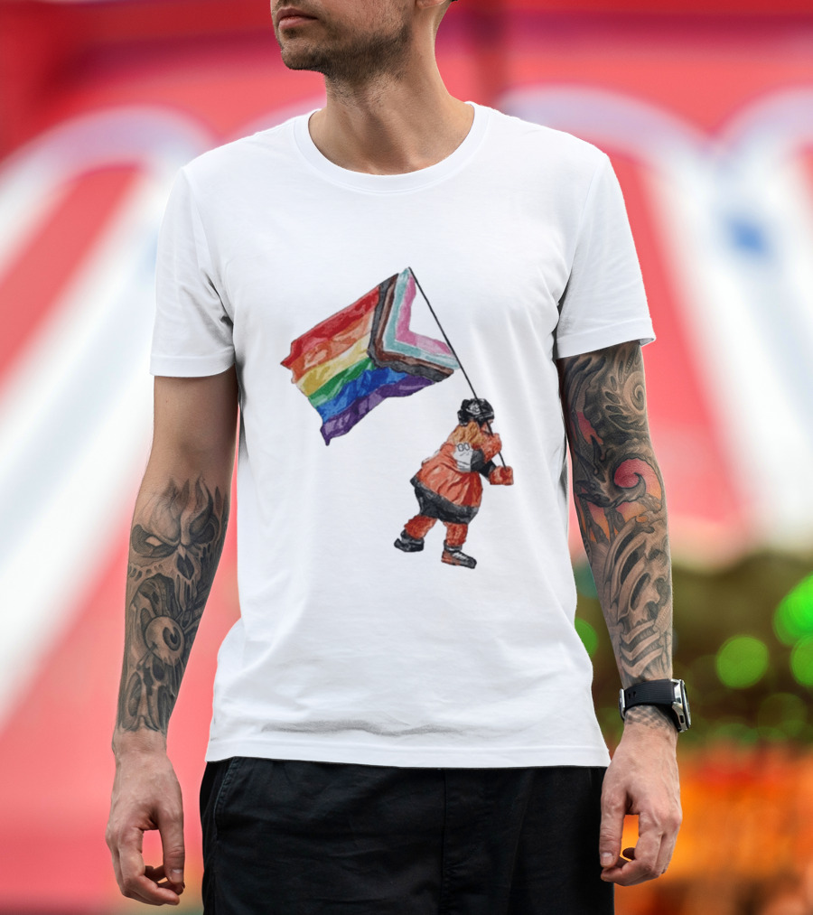 Philadelphia Hockey Mascot Holding Progress Pride Flag T-Shirt