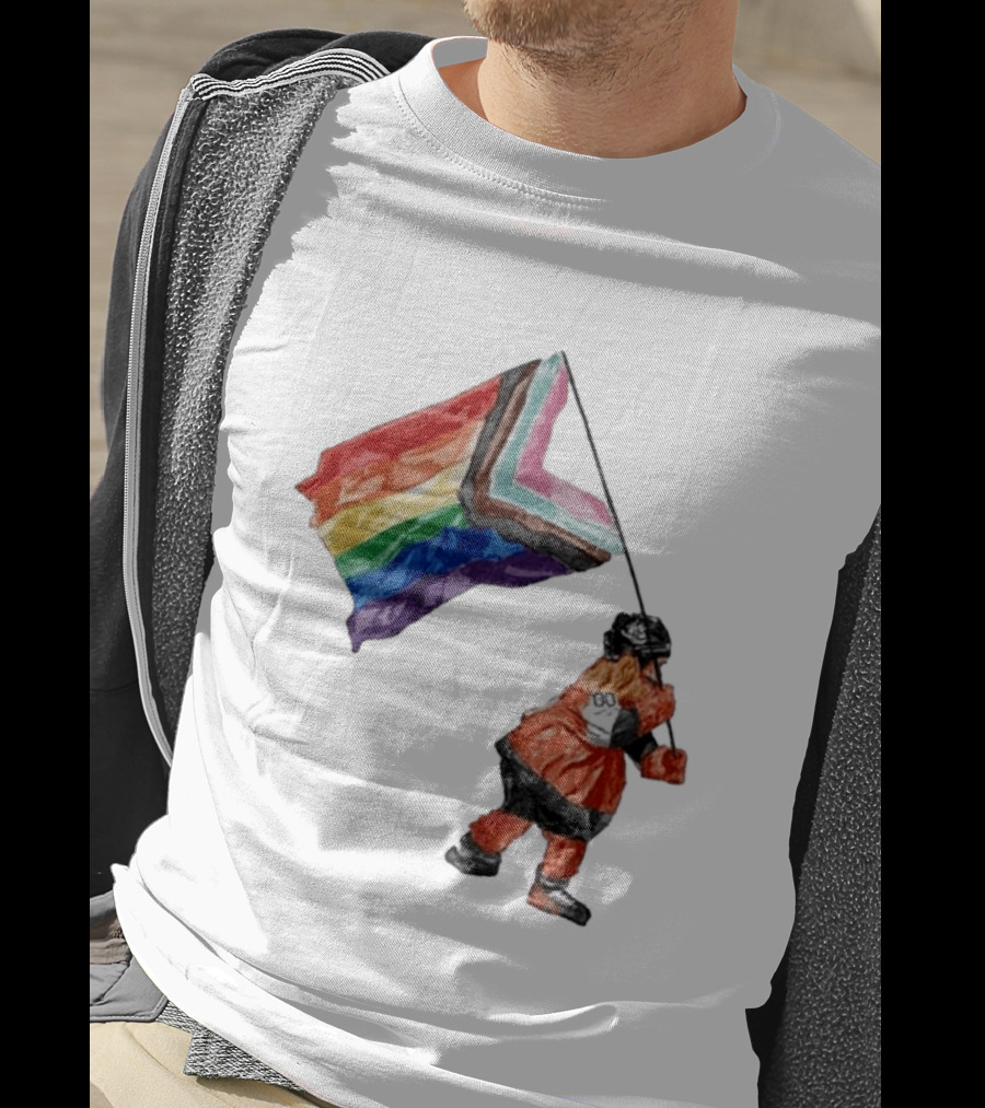 Philadelphia Hockey Mascot Holding Progress Pride Flag T-Shirt