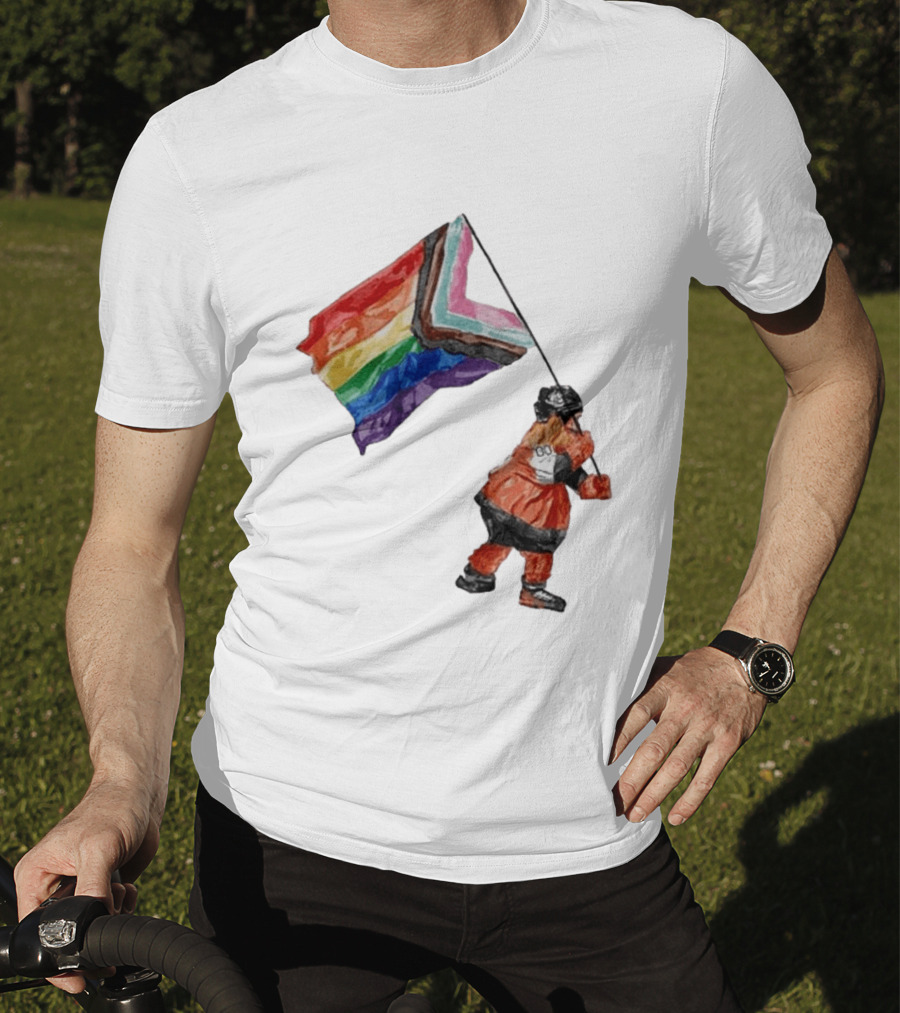 Philadelphia Hockey Mascot Holding Progress Pride Flag T-Shirt
