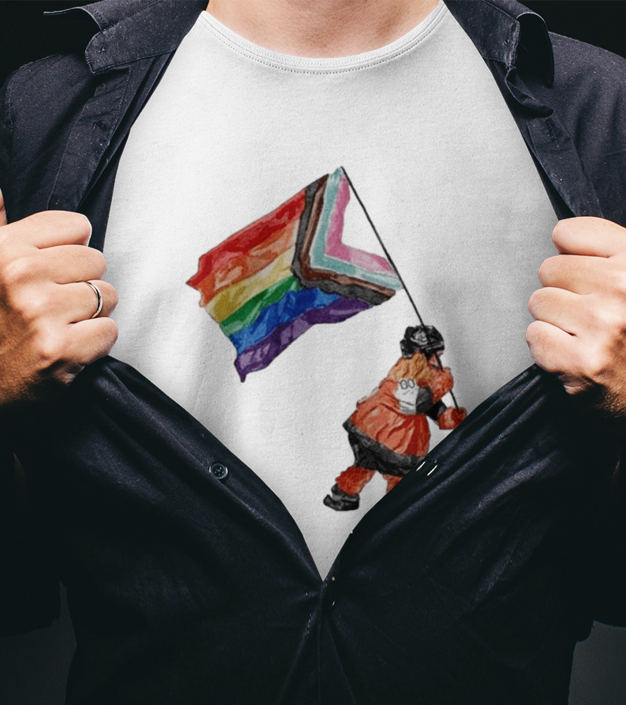 Philadelphia Hockey Mascot Holding Progress Pride Flag T-Shirt