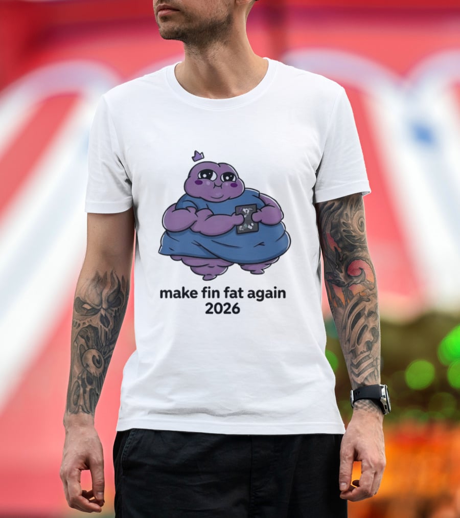 Make Fin Fat Again 2026 Cartoon Character Holding Card T-Shirt