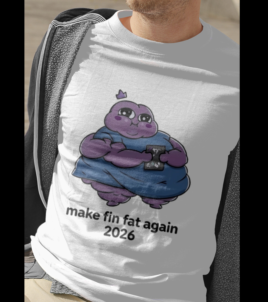 Make Fin Fat Again 2026 Cartoon Character Holding Card T-Shirt