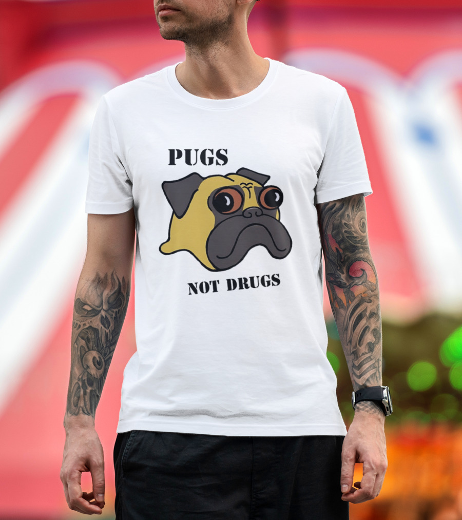Pugs Not Drugs Cartoon Dog Face Funny Anti Drug Message T-Shirt
