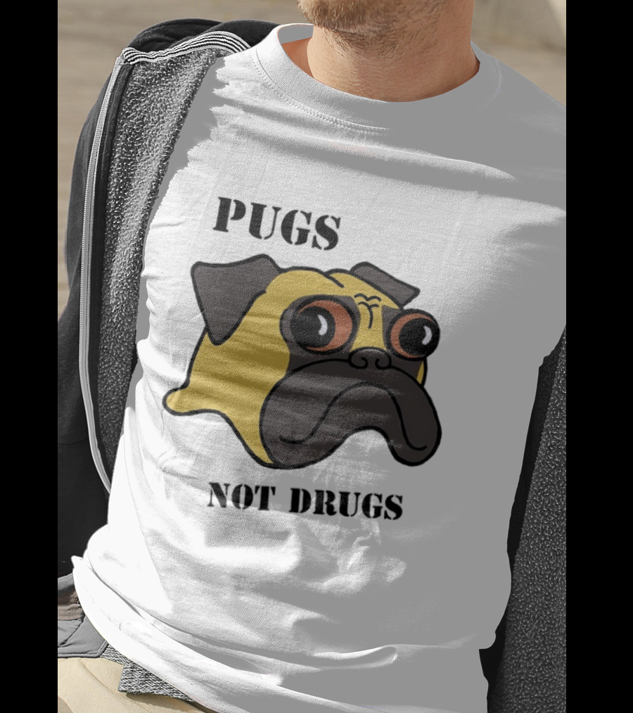 Pugs Not Drugs Cartoon Dog Face Funny Anti Drug Message T-Shirt